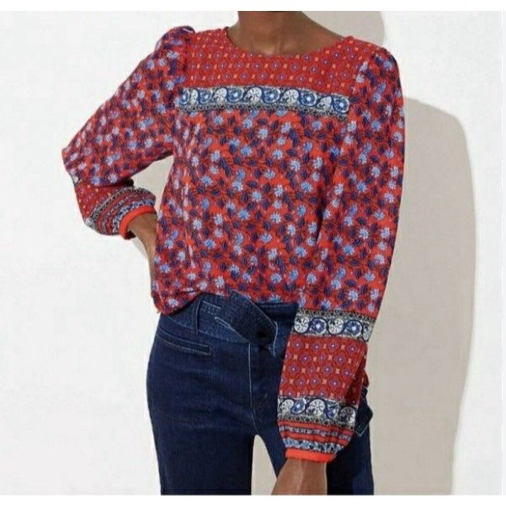 LOFT Plus Red Blue Floral Print Career Blouse Red Women Size XL Long Sleeve